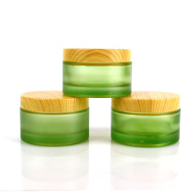 200ml frosted green glass cosmetic jar cream container with plastic wood printing lid